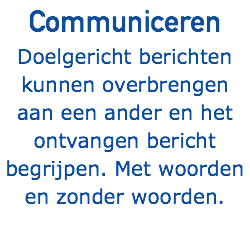 Communiceren Doelgericht berichten kunnen overbrengen aan een ander en het ontvangen bericht begrijpen. Met woorden en zonder woorden.