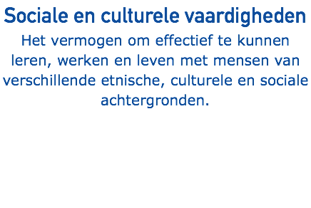 Sociale en culturele vaardigheden Het vermogen om effectief te kunnen leren, werken en leven met mensen van verschillende etnische, culturele en sociale achtergronden.